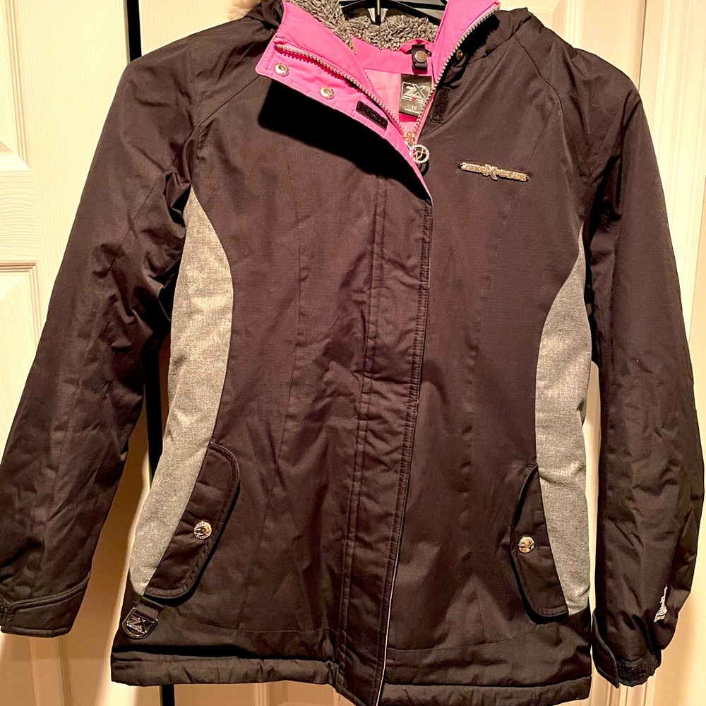Girls size 16 black, pink and grey winter jacket